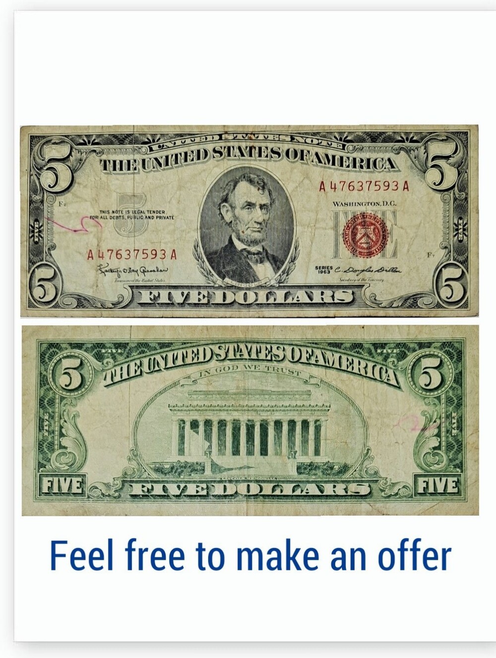 1963 $5 DOLLAR BILL (RED SEAL)